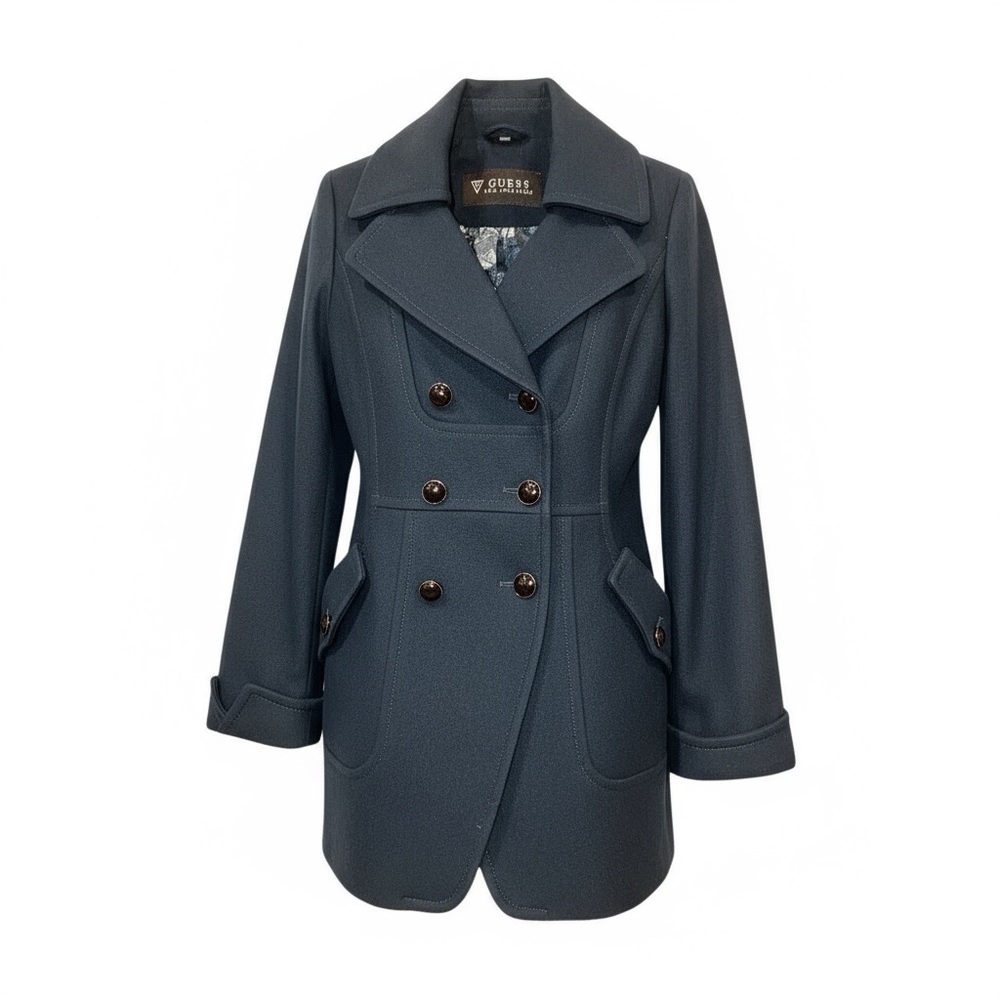 Guess Women's Deep Turquoise Double-Breasted Pea Coat size Small Wool blend EUC